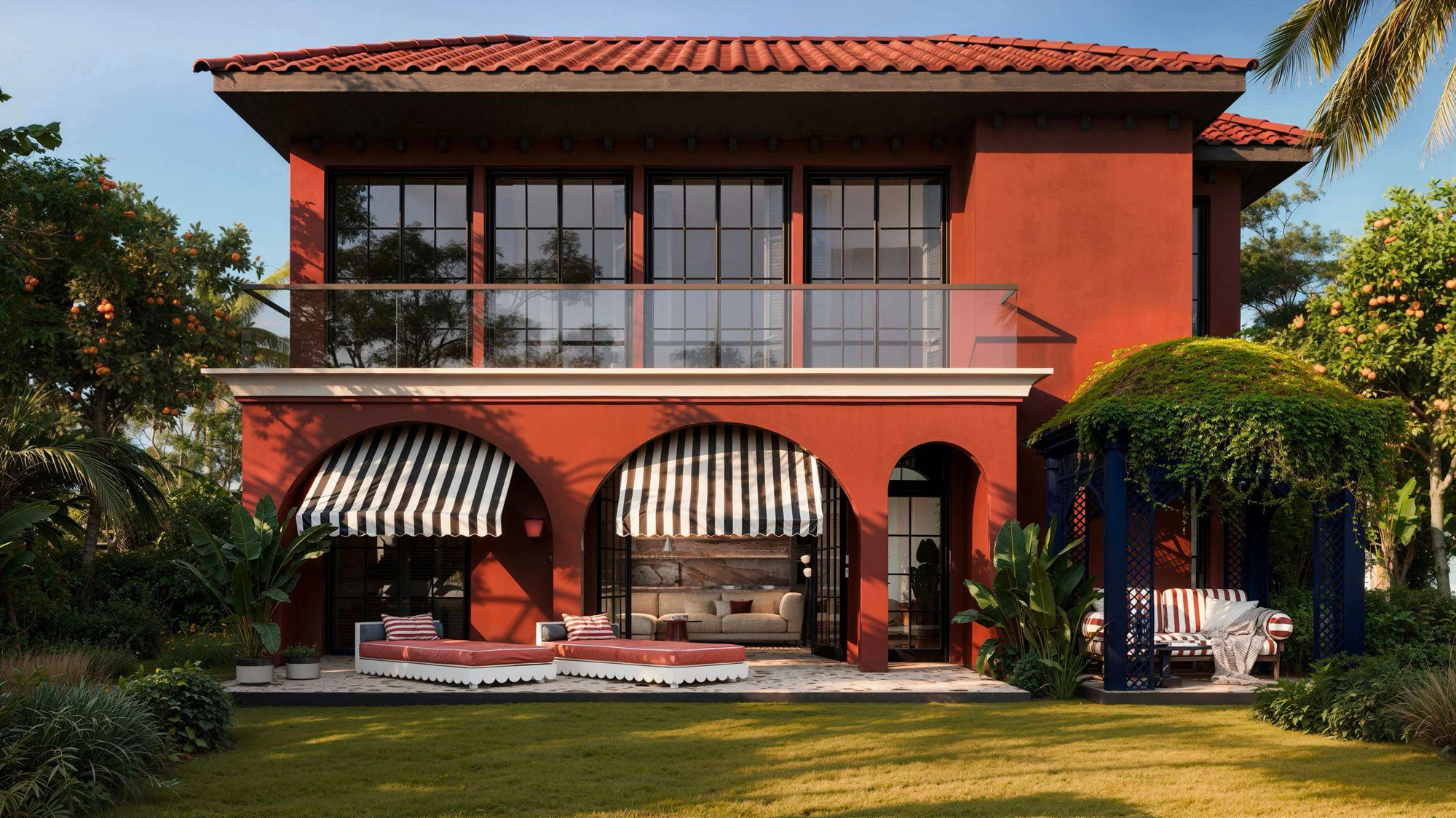 Architectural rendering of a terracotta CASA NOI villa in its tropical garden